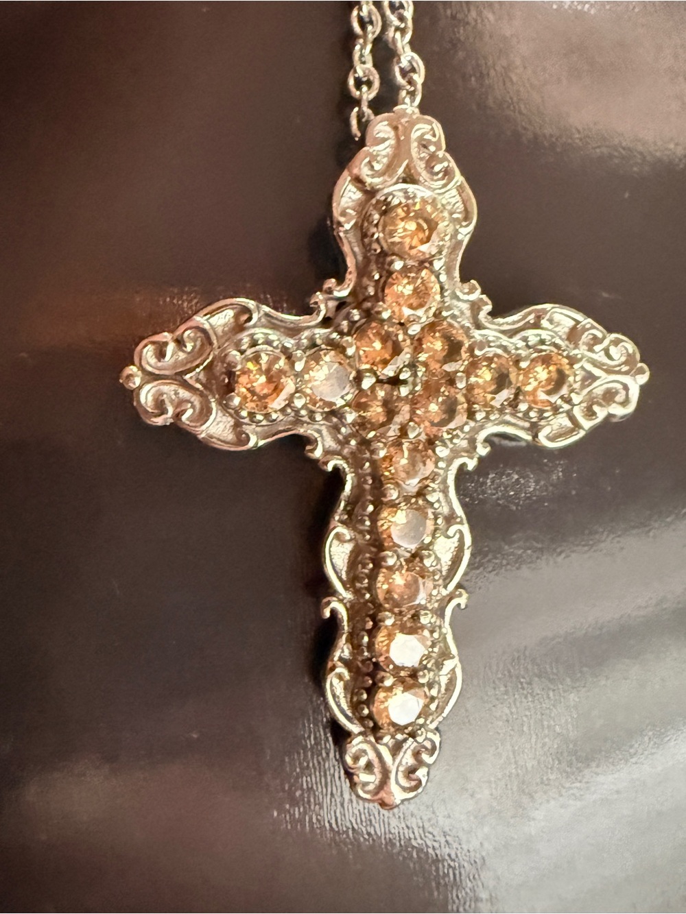 Crystal-Embellished Cross Pendant Necklace - Champagne Rhinestones